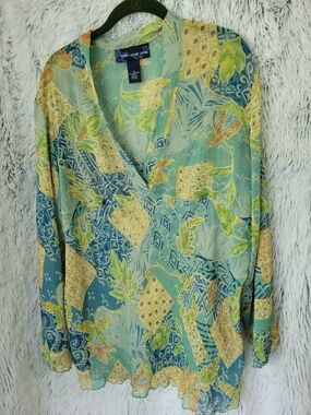 Susan Graver Teal, Aqua & Yellow Printed Wrap-Style Blouse